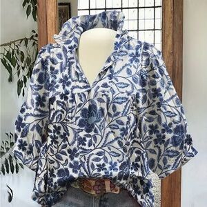 NWOT Floral Blue and White Women's Top XL